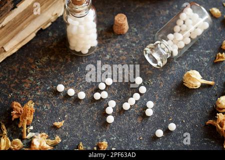 Homöopathische Pillen, die aus einer Glasflasche auf einem Tisch verschüttet wurden. Alternativmedizin Stockfoto