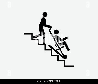 Notfall-Evakuierungsstuhl Treppen Rettungsgerät Schwarz Weiß Silhouette Symbol Symbol Clipart Grafik Bildmaterial Piktogramm Illustration Vektor Stock Vektor