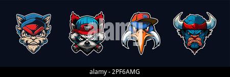 Cartoon-Tierkopf, rot-blaue Sport-Logo-Kollektion mit weißer Umrandung. Zorniges Gesicht von Pelikan-, Büffel-, Wildkatzen- und Waschbärcharakteren. Sport Stock Vektor