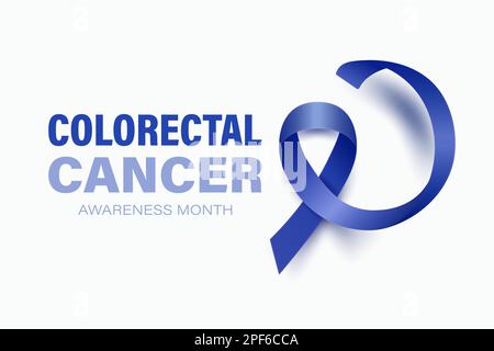 Banner für kolorektalen Krebs, Karte, Plakette mit Vektor 3D realistisch dunkelblauem Band auf weißem Hintergrund. Dickdarmkrebs-Monatssymbol Nahaufnahme Stock Vektor