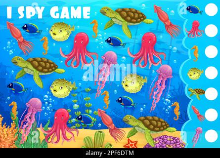 Cartoon-Unterwasserlandschaft und Tiere, die ich Spiele sehe. Kinder spielen ein Vektorrätsel mit Engelfischen, Kraken, Seepferdchen und Kugelfischen, Schildkröten, Tintenfisch und Quallen Stock Vektor