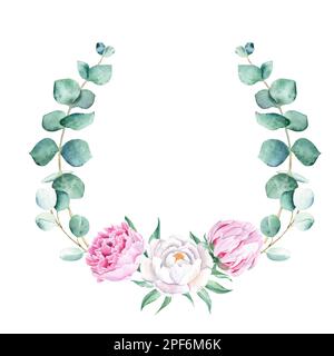 Aquarelle Pfingstrosen und Eukalyptusäste Kranz isoliert auf weißem Hintergrund. Handgezeichnete botanische Illustration. Für Hochzeitseinladungen heben Sie die auf Stockfoto