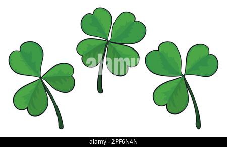 Ein Satz drei- und vierblättrige Kleeblätter. Shamrocks im Cartoon-Stil und mit Umrissen. Stock Vektor