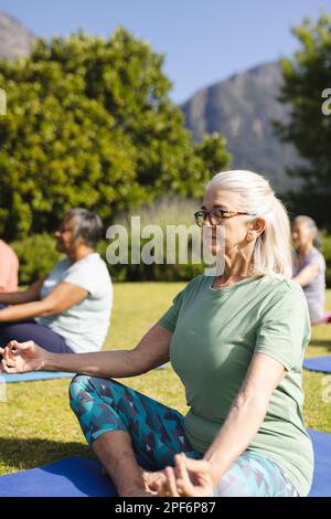 Glückliche, vielfältige Gruppe von älteren Freunden, die Yoga üben und im Garten meditieren Stockfoto