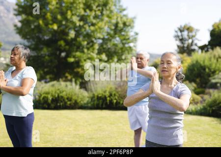 Glückliche, vielfältige Gruppe von älteren Freunden, die Yoga üben und im Garten meditieren Stockfoto