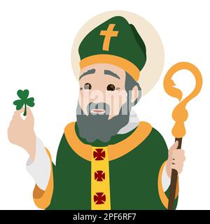 Flaches Porträt von Saint Patrick mit Shamrock und Crosier. Stock Vektor