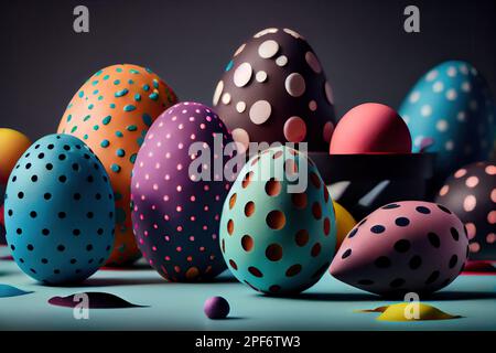 Farbenfrohe ostereier mit Punktmuster oben und unten, alle in verschiedenen Farben, sind um sie verteilt Stockfoto