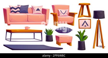 Cartoon-Möbel im skandinavischen Stil für Wohnzimmereinrichtung. Vektordarstellung von beigefarbener Couch, Sessel, Pouf, Tasse auf Holztisch, Stehlampe, Teppich, Blumentöpfen und gerahmtem Bild Stock Vektor