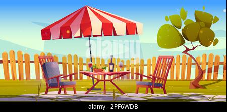 Garten im Hinterhof mit Tisch- und Weinflaschen-Vektorfilm-Hintergrund. Sommerhaus Terrasse für Picknick-Party. Außenansicht des sonnigen Hinterhofs. Moderne amerikanische Gartenmöbel. Stock Vektor