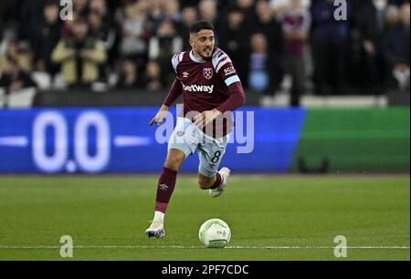 London, Großbritannien. 16. März 2023. Pablo Fornals (West Ham) während der West Ham vs. AEK Larnaca UEFA Europa Conference League, 2. Teilrunde 16 Spiel im London Stadium Stratford. Kredit: MARTIN DALTON/Alamy Live News Stockfoto