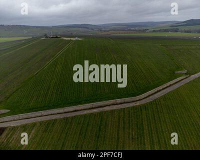 Panoramablick aus der Luft auf die bewölkte Landschaft, hügelige Weinberge in der Nähe des Champagnerdorfes Ay gran Cru bei Epernay, Weinproduktion in Frankreich Stockfoto