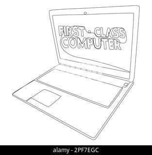 Eine fortlaufende Reihe von Notebooks mit dem Wort „First-Class Computer“. Vektorkonzept zur Darstellung dünner Linien. Kontur Zeichnen kreativer Ideen. Stock Vektor