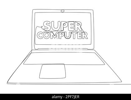 Eine fortlaufende Zeile Laptop mit dem Wort „Super Computer“. Vektorkonzept zur Darstellung dünner Linien. Kontur Zeichnen kreativer Ideen. Stock Vektor