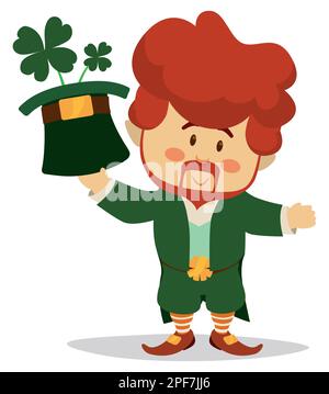 Süßer Leprechaun mit rotem Haar und Bart, grüne Kleidung, hält seinen Hut wie einen Blumentopf mit vierblättrigem Klee. Charakter isoliert im Cartoon-Stil Stock Vektor