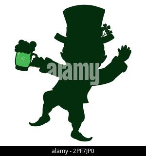 Leprechaun-Silhouette mit winkender Geste, Hut mit Shamrock und einer grünen Biertasse zum St. Patrick's Day Stock Vektor