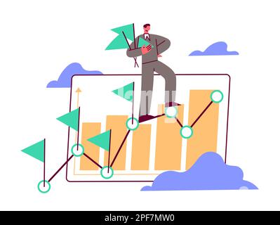 Ein Geschäftsmann steht auf einem aufsteigenden Diagramm und markiert wichtige Punkte Stock Vektor