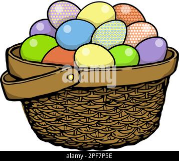 osterkorb mit Strohhalm und dekorierten Eiern Stock Vektor