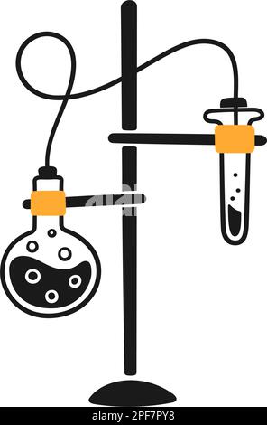 Wissenschaftliches Laborexperiment. Laborchemie-Test. Handgezogene chemische Prozesse. Doodle-Vektordarstellung mit Laborglaskolben, Pipleline auf weiß Stock Vektor