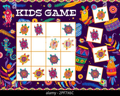 Sudoku-Spiel. Brasilianische und mexikanische Schildkröten und Tiere Arbeitsblatt. Logisches Kinderspiel, Puzzle- oder Vektorquiz mit kunstvoll verzierten Papageien, Vögeln und brasilianischen Tieren Stock Vektor
