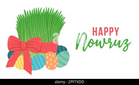 Happy Nowruz Vector mit grünem Weizengras Sabzeh Semeni Samani. Geeignet für Grußkarten, Poster und Banner. Stock Vektor