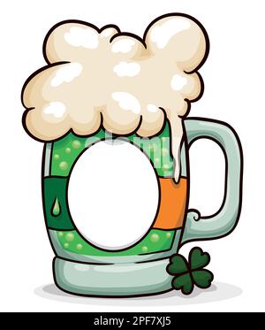 Spezieller Becher mit schaumigem grünen Bier, Label mit irischen Farben und Shamrock für den St. Patrick's Day im Cartoon-Stil. Stock Vektor