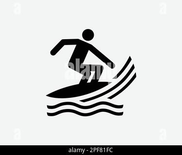 Surfsymbol Surfen Boarding Board Surfer Wassersport Aktivität Vektor Schwarz Weiß Silhouettensymbol Schild Grafik Clipart Kunstwerk Illustration Piktogramm Stock Vektor