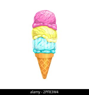 Cartoon-Eiskrem mit drei Schaufeln, Vektoressen und Sommerdessert. Dreifache Schaufel Eiscreme, Eis oder gefrorener Joghurt mit Erdbeere, Vanille und Stock Vektor