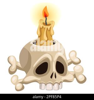 Schädel-Kerze. Menschlicher Schädel mit Kerze. Halloween-Symbol. Menschlicher Schädelkerzenhalter. Vektor-Cartoon isoliert Stock Vektor