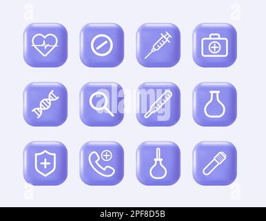 3D Symbole für medizinische Geräte auf realistischen violetten Knöpfen. Elemente für das Gesundheitswesen für mobile Konzepte und Web-Apps. Modernes Infografik-Logo und Piktogramm Stock Vektor