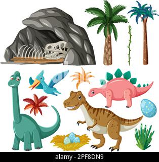 Illustration der Vektorsammlung Dinosaurier und Naturelemente Stock Vektor