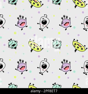 Komisches, nahtloses Muster für Kinder mit Aliens. Kinderzimmer-Design für kleine Jungen. Verschiedene, schlichte, süße Monster. Minimalistischer Aufdruck für Kinderbekleidung. Stock Vektor