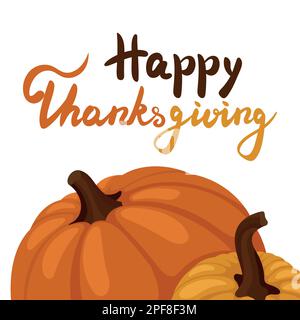 Grußkartenvorlage mit Kürbissen. Frohe Thanksgiving-Schrift. Festliches Herbstdesign im flachen Stil. Stock Vektor