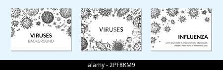 Satz horizontaler Hintergründe des Virus im Skizzenstil. Von Hand gezogene Bakterien, Keime, Mikroorganismen. Mikrobiologisches wissenschaftliches Design. Vektordarstellung in Stock Vektor