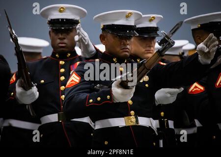 Alaska, USA. 5. März 2023. Marines vom Silent Drill Platoon, Marchine Barracks Washington, führen ihre Bombenplatzierung während einer Aufführung in Eugene, Oregon, durch. Die Vorstellung wurde durchgeführt, um Familien einen Einblick in das Marchine Corps für ihre Lieben zu geben, und als Teil der Battle Color Detachment Westküstentour. Kredit: USA Marines/ZUMA Press Wire Service/ZUMAPRESS.com/Alamy Live News Stockfoto