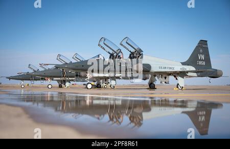 Luftwaffenstützpunkt Vance, Oklahoma, USA. 9. Februar 2023. Drei T-38C-Klauen trocknen nach einem Regen auf der Fluglinie am Luftwaffenstützpunkt Vance, Okla., 9. Februar 2023 aus. Die Flugzeuge sind ein Werkzeug im Lehrplan für die Pilotenausbildung, mit dem Piloten in Kampfflugzeugen oder Bomberflugzeugen fliegen können. (Foto: Airman 1. Class Kathy Duran) Guthaben: USA Air Force/ZUMA Press Wire Service/ZUMAPRESS.com/Alamy Live News Stockfoto