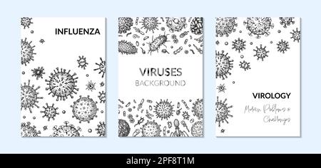 Gruppe von vertikalen Hintergründen für Viren im Skizzenstil. Von Hand gezogene Bakterien, Keime, Mikroorganismen. Mikrobiologisches wissenschaftliches Design. Vektordarstellung in sk Stock Vektor