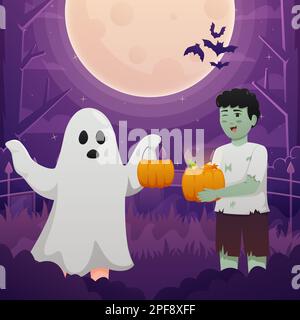 Happy Halloween Hintergrund Design Vector mit Kindern in Geister- und Vampirkostümen. Fantasie und Fantasie: Spaß Party Feiertagsfeier. Stockfoto