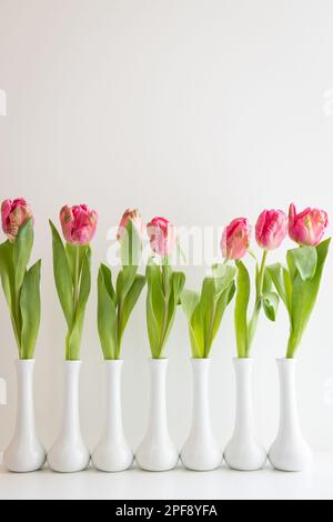 Frische pinkfarbene Tulpen in weißen Stielvasen auf weißem Hintergrund mit Kopierbereich Stockfoto