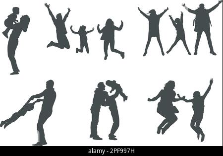 Happy Jumping Family Silhouette, Jumping Family Silhouette, Jumping Silhouette, Happy Family Silhouettes, Happy Family Jumping Silhouettes Stock Vektor