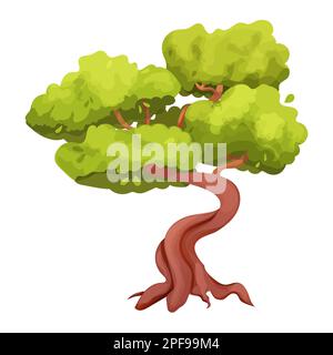 Magischer Bonsai-Baum mit gedrehtem Stamm, Laub im Cartoon-Stil, Pflanze isoliert auf weißem Hintergrund, UI-Element des Spiels. Vektordarstellung Stock Vektor