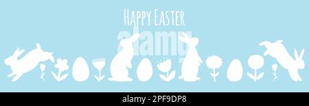 Happy Osterbanner mit handgezogenen Häschen, Ostereiern, Blumen. Vektordarstellung von Tier- und Pflanzensalhouetten im volkstümlichen Stil. Stock Vektor