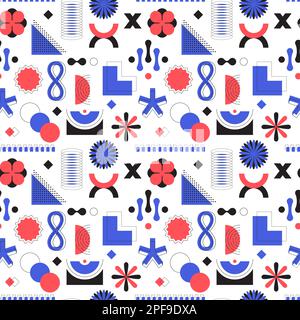 Nahtloses Muster mit abstrakten Grafikelementen und auffälligen geometrischen Formen. Blumen, Dreiecke, Kreise. Rote und blaue Objekte im Brutalismus, bauhaus Stock Vektor
