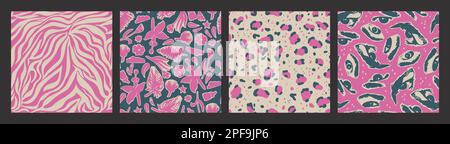 Set mit abstrakten nahtlosen Mustern in Rosa und Blau. Blumen, animalische Motive, verschiedene abstrakte Formen, menschliche Augen. Retro-Vektordarstellung Stock Vektor