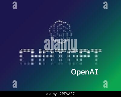 Logo „Chat gpt isoliert“. Gepunktete Darstellung des AI-Chatbot-Vektors auf blauem grünen Hintergrund. Textgenerator-ai-Chatbot-Logo Stock Vektor