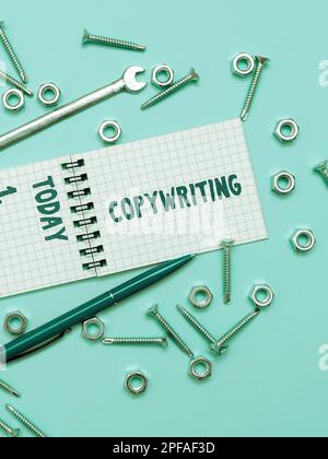 Inspiration mit Schildern zum Schreiben. Geschäftsidee, die den Text von Werbung oder Werbematerial verfasst Stockfoto