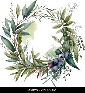 Vektor wässrige Olivenzäste und -Blätter Kranz in Kreisrahmenzusammensetzung. Hochzeitsentwurf Stock Vektor