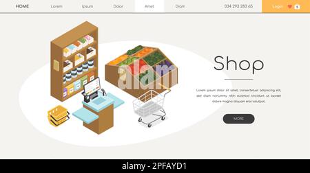 Shop - modernes, farbenfrohes, isometrisches Vektorbanner Stock Vektor
