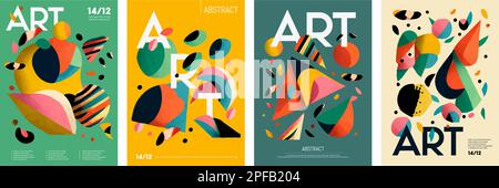 Sammlung von abstrakten Plakaten moderner Kunst. Set von geometrischen Formen und farbigen Punkten auf einem flachen farbigen Hintergrund. Flyer, Cover, Poster. Stock Vektor