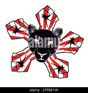 T-Shirt-Design eines Panthergesichts neben dem Symbol des Kampfes für die Rechte der schwarzen Minderheit. Vektordarstellung für Monat Afro-Historie Stock Vektor