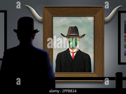 Texas Kunstgalerie Version von Rene Magritte Gemälde des Menschen mit einem Apfel im Gesicht. Er ist ein Cowboy mit einem Cowboyhut und der Kunstgönner im "G" Stockfoto